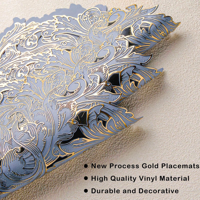 Evevda 15 inch Gold and Blue Placemats Set of 6 Round Reusable Vinyl Kitchen Table Mats for Home Wedding Party Dining Table Decoration - Image 3