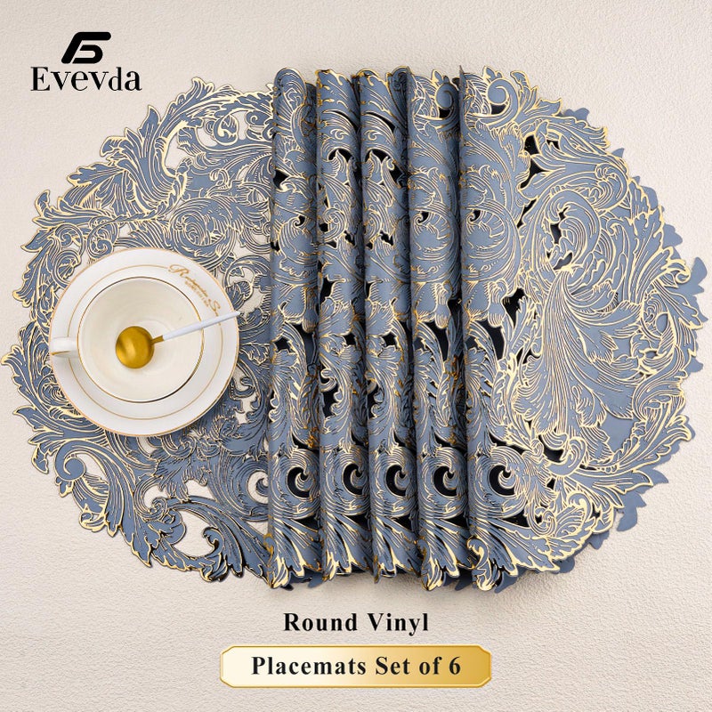 Evevda 15 inch Gold and Blue Placemats Set of 6 Round Reusable Vinyl Kitchen Table Mats for Home Wedding Party Dining Table Decoration - Image 5