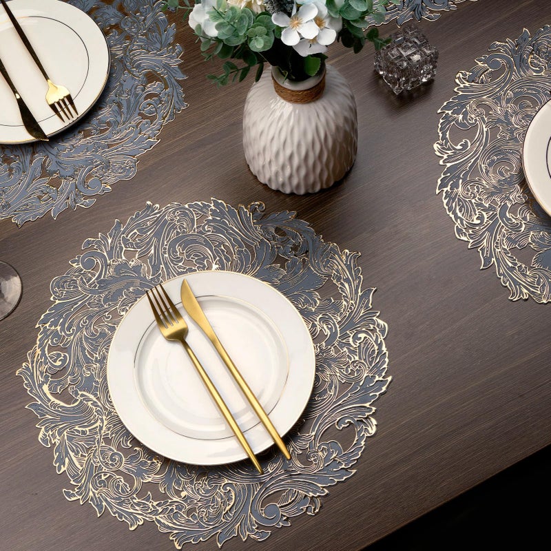 Evevda 15 inch Gold and Blue Placemats Set of 6 Round Reusable Vinyl Kitchen Table Mats for Home Wedding Party Dining Table Decoration - Image 2