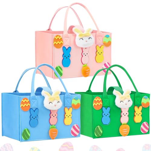 Axcoix 3 Pack Large Easter Basket Bags with Handles Reusable Felt Easter Gift Bags for Kids with Bunny Egg Pattern Easter Treat Tote Bags for Candy Egg Hunt Party Favors Blue Pink Green - Image 1