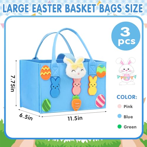 Axcoix 3 Pack Large Easter Basket Bags with Handles Reusable Felt Easter Gift Bags for Kids with Bunny Egg Pattern Easter Treat Tote Bags for Candy Egg Hunt Party Favors Blue Pink Green - Image 3