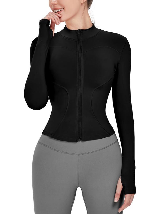 Locachy Women's Lightweight Stretchy Workout Full Zip Running Track Jacket with Thumb Holes Black M, Black, M - Image 1