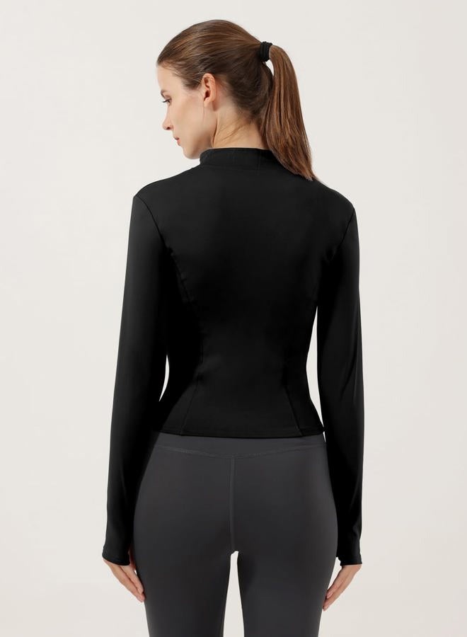 Locachy Women's Lightweight Stretchy Workout Full Zip Running Track Jacket with Thumb Holes Black M, Black, M - Image 2