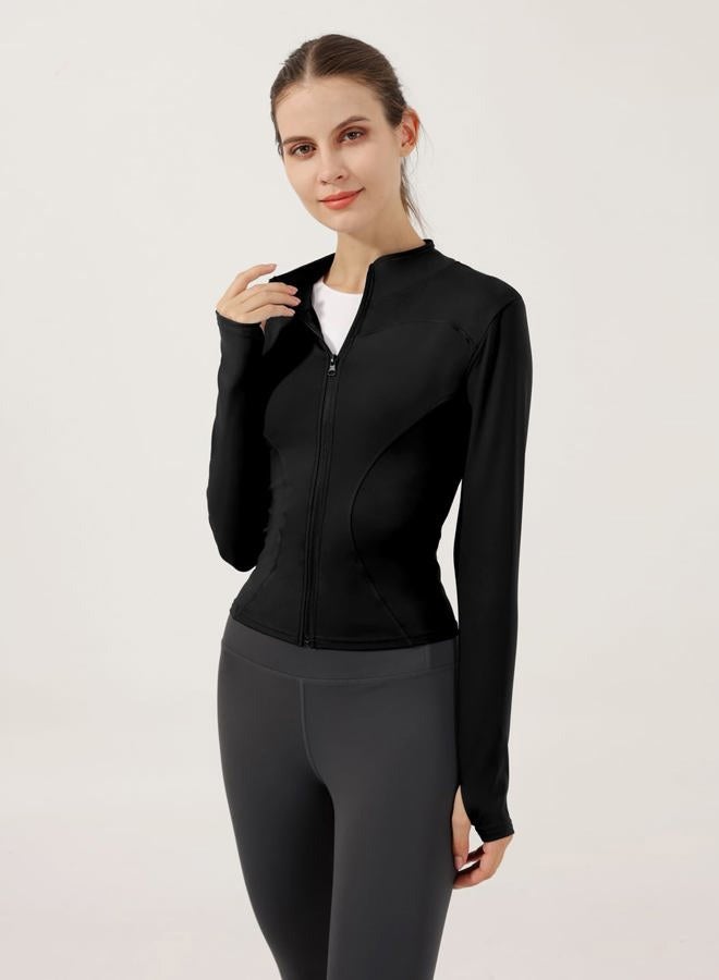 Locachy Women's Lightweight Stretchy Workout Full Zip Running Track Jacket with Thumb Holes Black M, Black, M - Image 3