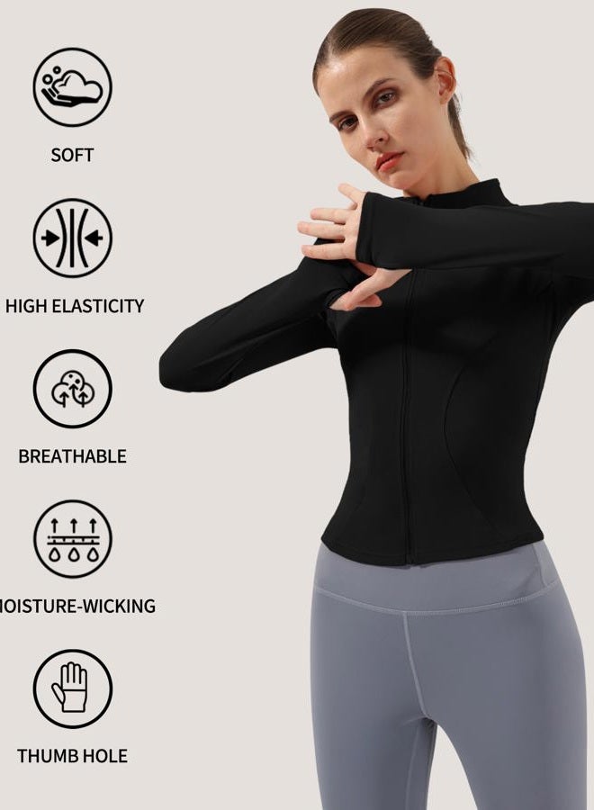 Locachy Women's Lightweight Stretchy Workout Full Zip Running Track Jacket with Thumb Holes Black M, Black, M - Image 5
