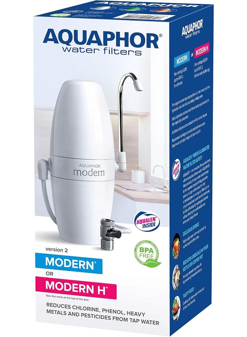 Aquaphor Modern Faucet Water Filter System, 4000L Long-Lasting Cartridge, 1.0–1.2 L/min Filtration Rate, Removes Chlorine, Rust, Odors & Contaminants, Easy Plug-in Tap Water Purifier with Adaptors, Compact & Travel-Ready Drinking Filter (White) - Image 3