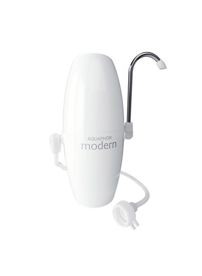 Aquaphor Modern Faucet Water Filter System, 4000L Long-Lasting Cartridge, 1.0–1.2 L/min Filtration Rate, Removes Chlorine, Rust, Odors & Contaminants, Easy Plug-in Tap Water Purifier with Adaptors, Compact & Travel-Ready Drinking Filter (White) - Image 1