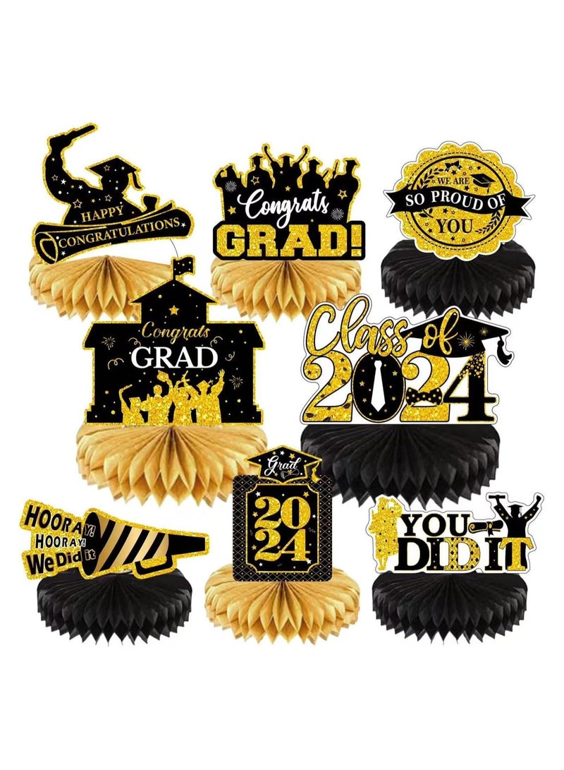 8PCS 2024 Graduation Table Decor Class of 2024 Graduation Party Decorations Honeycomb Centerpieces for Tables Congratulate for 2024 Congrats Grad Party Supplies Favors (Black) - Image 1