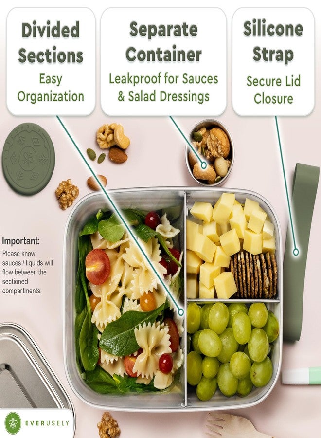 Everusely - Bento Box - Sage, 60oz / 1.8 L - Stainless Steel Lunch Box with Leakproof Condiment Container - 3 Compartment Snack Organizer for On the Go Meals - Freezer & Dishwasher Safe - Image 4