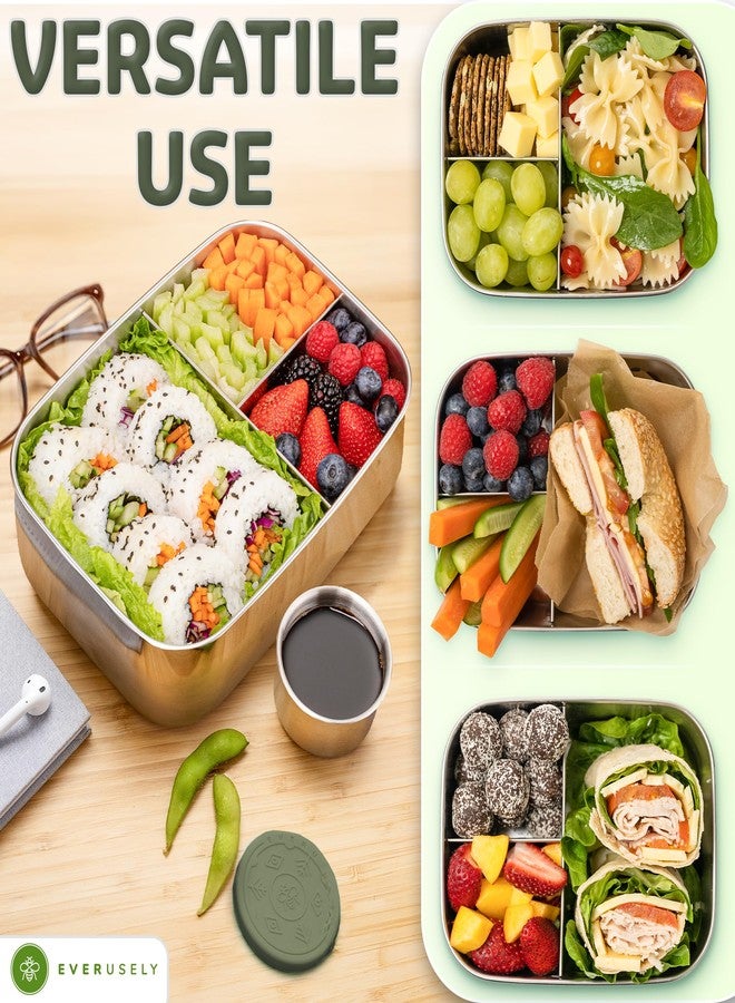 Everusely - Bento Box - Sage, 60oz / 1.8 L - Stainless Steel Lunch Box with Leakproof Condiment Container - 3 Compartment Snack Organizer for On the Go Meals - Freezer & Dishwasher Safe - Image 5