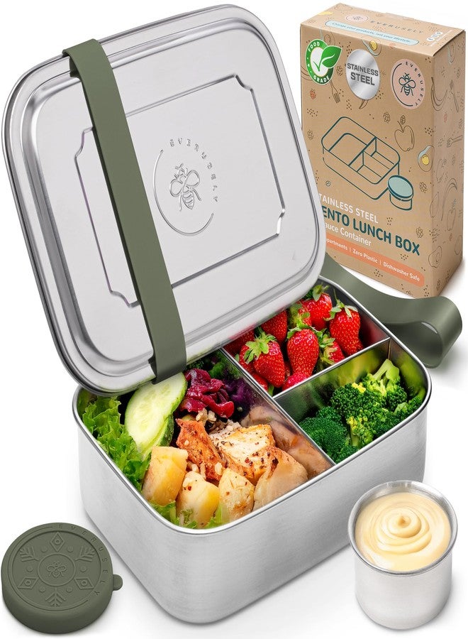 Everusely - Bento Box - Sage, 60oz / 1.8 L - Stainless Steel Lunch Box with Leakproof Condiment Container - 3 Compartment Snack Organizer for On the Go Meals - Freezer & Dishwasher Safe - Image 1