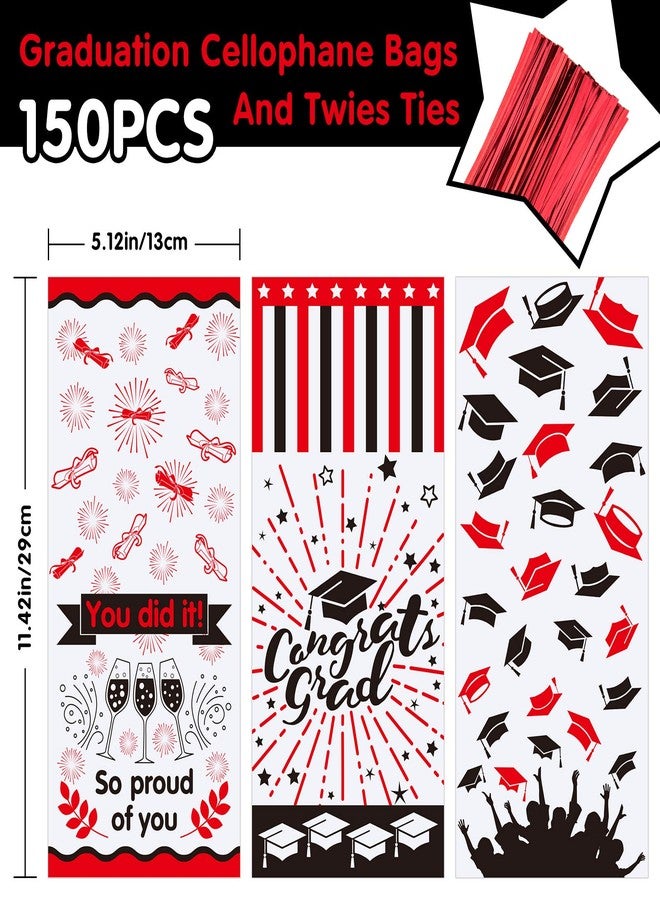 Whaline 150Pcs Graduation Cello Bags, 3 Style Candy Cellophane Bags with Twist Tie, 2026 Congrats Grad Plastic Gift Bag Party Favor Treat Bag for Graduation Party Table Setting (Red Black - Image 2