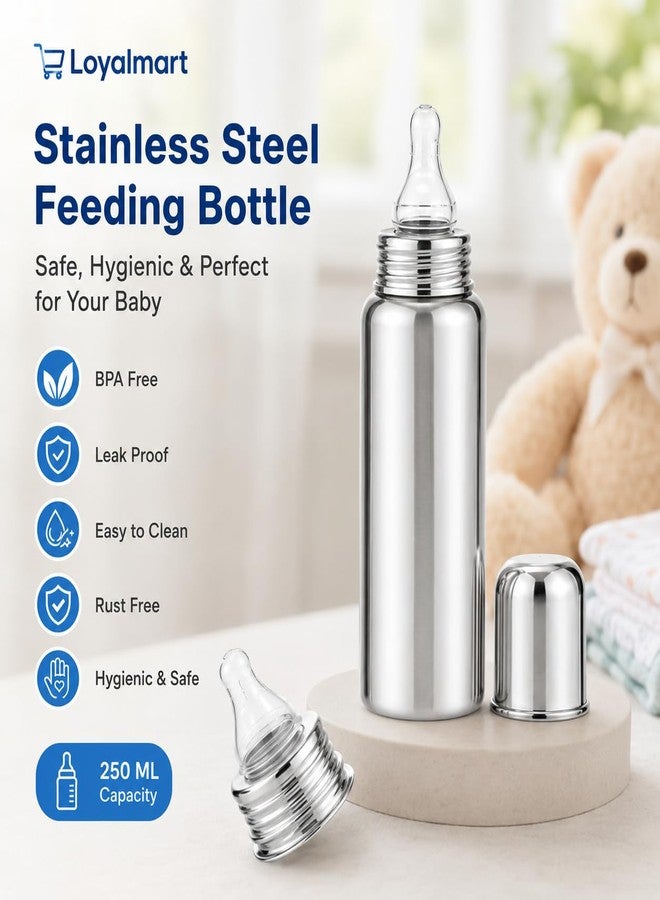 Loyalmart Feeding Bottle Steel Baby Bottle 250ml BPA Free & Plastic Free with Leak Proof Safe Feeding Hygienic Daily Use Soft Silicone Nipple for Newborn & Babies (250ml, Silver) - Image 2