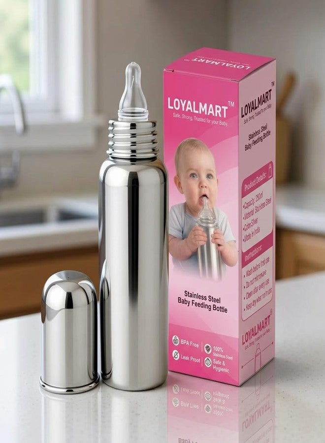 Loyalmart Feeding Bottle Steel Baby Bottle 250ml BPA Free & Plastic Free with Leak Proof Safe Feeding Hygienic Daily Use Soft Silicone Nipple for Newborn & Babies (250ml, Silver) - Image 1