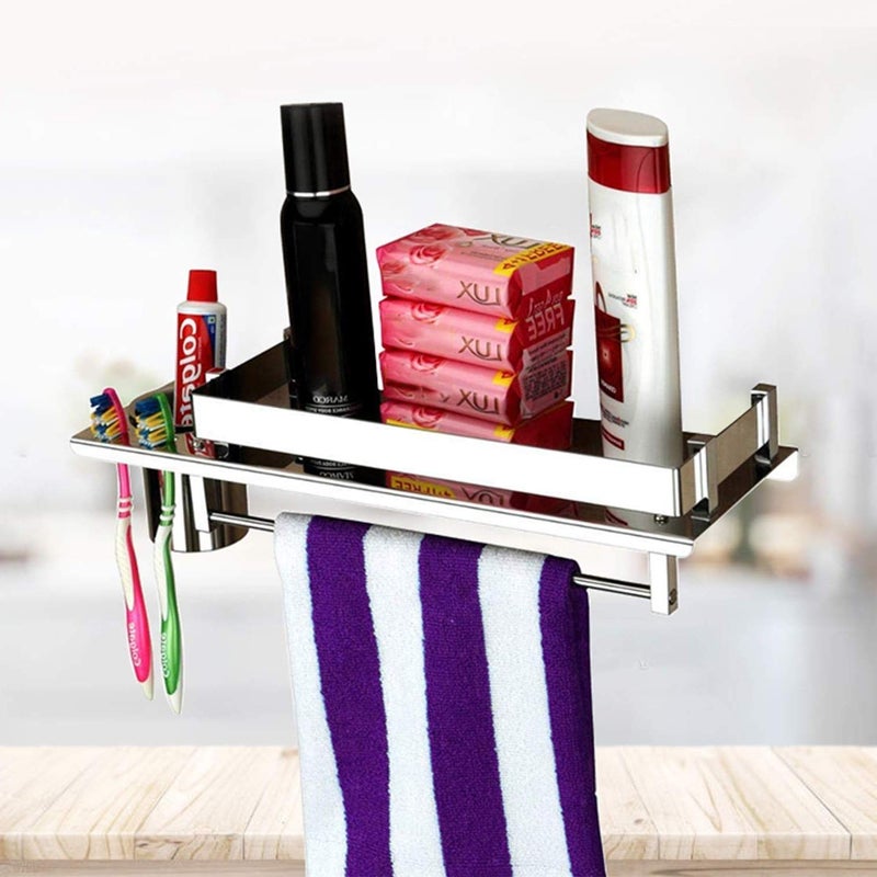 iSTAR 3in1 Stainless Steel WallMounted Shelf with Towel Hanger Tumbler and Toothbrush Holder Multipurpose Storage Organizer Rack for Bathroom Home Hotel and Office Use Nickel Chrome Finish - Image 3