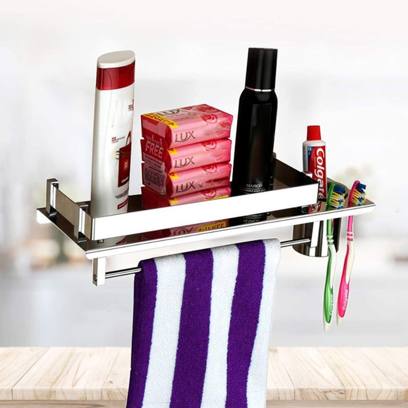 iSTAR 3in1 Stainless Steel WallMounted Shelf with Towel Hanger Tumbler and Toothbrush Holder Multipurpose Storage Organizer Rack for Bathroom Home Hotel and Office Use Nickel Chrome Finish - Image 1