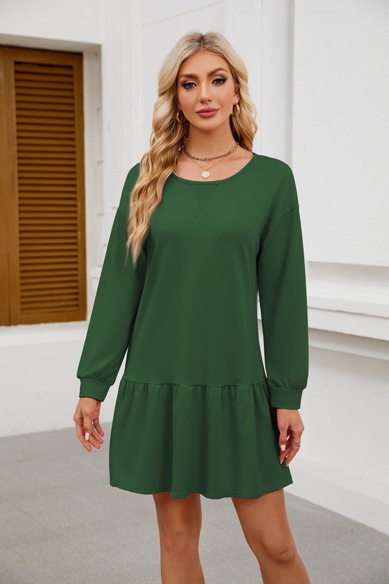 2024 Cross Neck Long-Sleeve Casual Sweatshirt Dress Green - Image 1