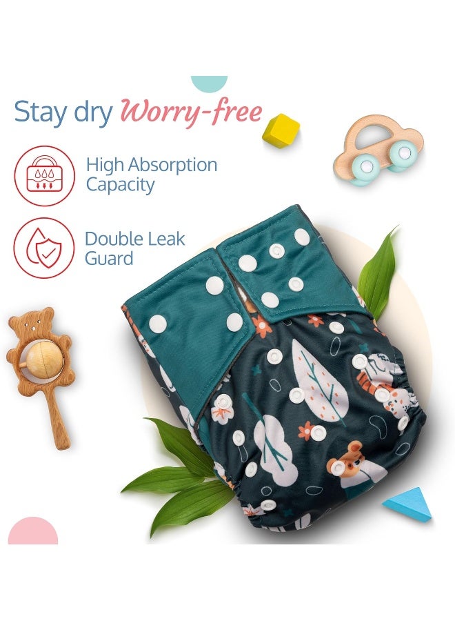 Luvlap Reusable Baby Cloth Diaper, Double Leak Guard, High Absorption, Quick Dry, Stain-Proof Comfort & Protection, 3m+, Adjustable Waist And Height With Snap Buttons, Absorbent Insert, Green Bunny - Image 3