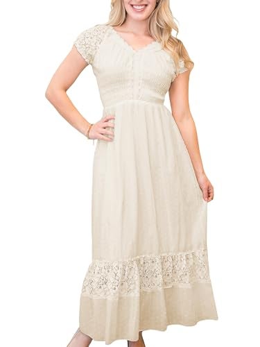 Anna-Kaci Antique Beige Small Size Smocked Waist Summer Maxi Dress Cap Sleeve Boho Gypsy, Beige, Small - Image 1