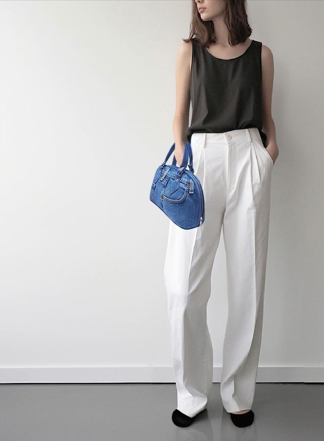 Bijoux de Ja Upcycling Blue Denim Trim Curved Shape Satchel Top Handle Handbag Purse (denim) - Image 2