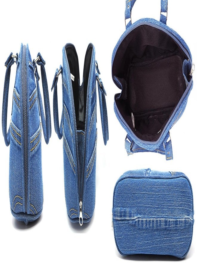 Bijoux de Ja Upcycling Blue Denim Trim Curved Shape Satchel Top Handle Handbag Purse (denim) - Image 5