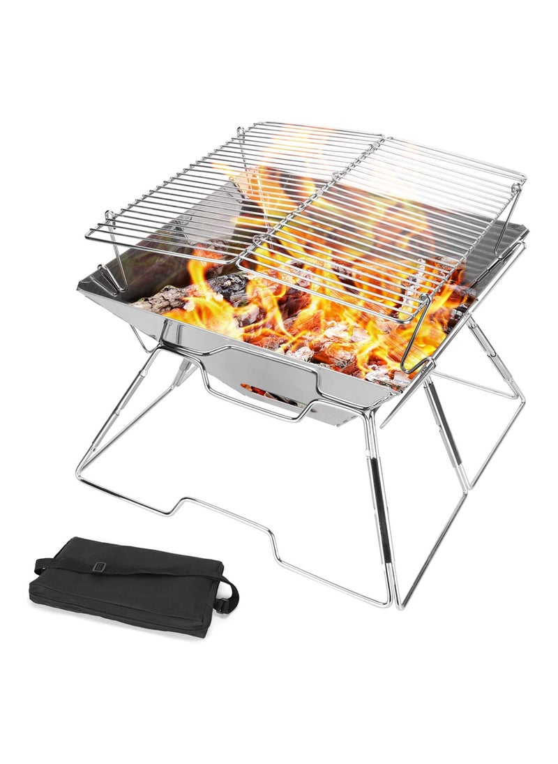 Odoland Folding Campfire Grill, 304 Stainless Steel Grate Barbeque Grill, Portable Camping Grill with Legs for Picnics, Backpacking, Outdoor with Carrying Bag and Kitchen Tongs - Image 1