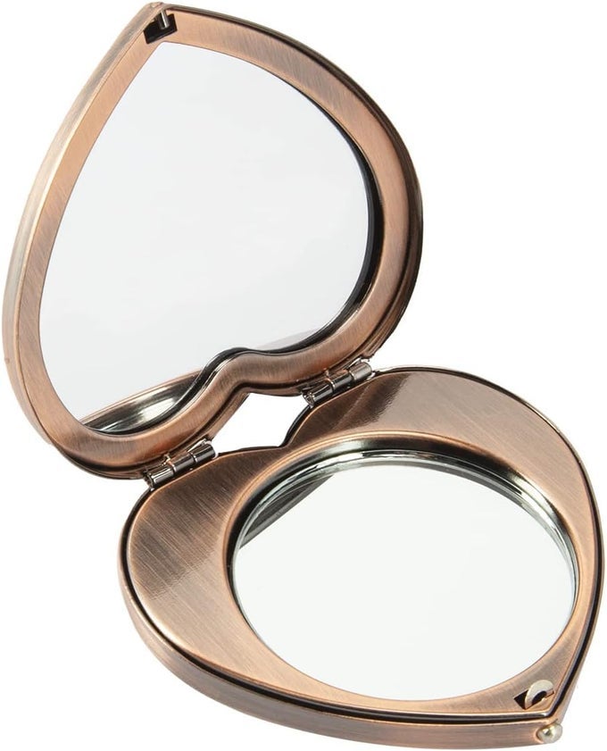 MINI VINTAGE HEART ELEGANT MAKEUP MIRROR PORTABLE 1X2X MAGNIFIER RETRO RED