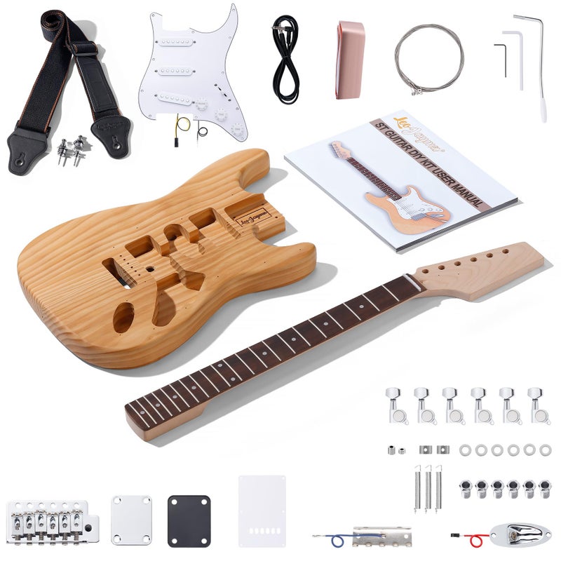 Leo Jaymz DIY ST Style Electric Guitar Kits with Roasted Pine Body and Maple Neck - Laurel Wood Fingerboard,Strap and All Components Included (ST Roasted Pine) - Image 1