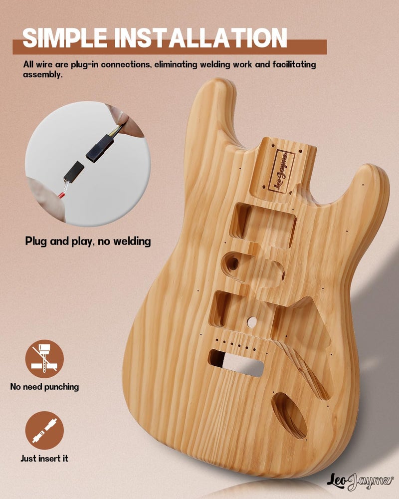 Leo Jaymz DIY ST Style Electric Guitar Kits with Roasted Pine Body and Maple Neck - Laurel Wood Fingerboard,Strap and All Components Included (ST Roasted Pine) - Image 3