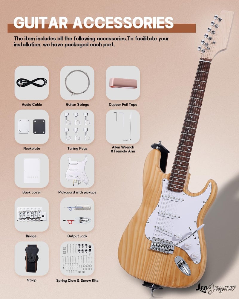 Leo Jaymz DIY ST Style Electric Guitar Kits with Roasted Pine Body and Maple Neck - Laurel Wood Fingerboard,Strap and All Components Included (ST Roasted Pine) - Image 4