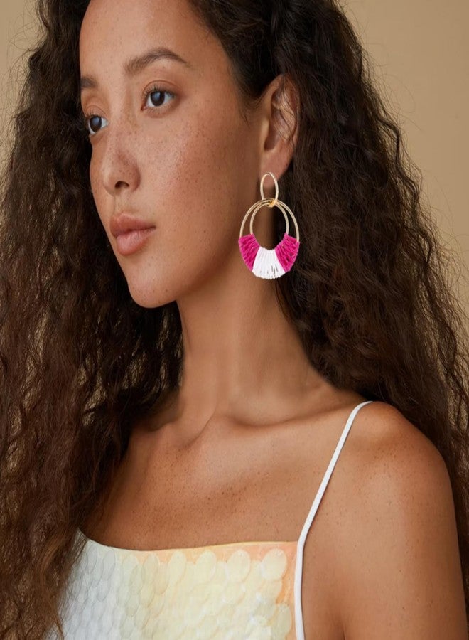 WCRAZYE Handmade Raffia Earrings for Women Girls Lightweight Statement Geometric Round Drop Earrings Handmade Straw Wicker Rattan Dangle Earrings Boho Summer Beach Earrings (Rose Red White) - Image 3