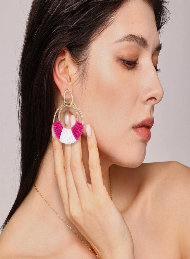 WCRAZYE Handmade Raffia Earrings for Women Girls Lightweight Statement Geometric Round Drop Earrings Handmade Straw Wicker Rattan Dangle Earrings Boho Summer Beach Earrings (Rose Red White) - Image 5