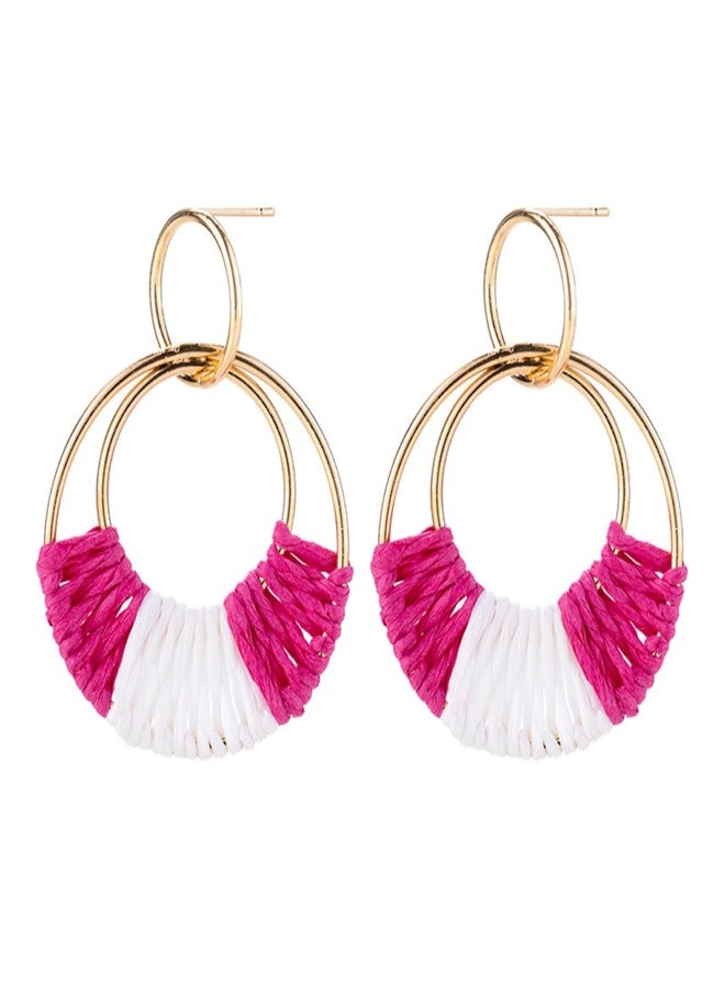 WCRAZYE Handmade Raffia Earrings for Women Girls Lightweight Statement Geometric Round Drop Earrings Handmade Straw Wicker Rattan Dangle Earrings Boho Summer Beach Earrings (Rose Red White) - Image 1