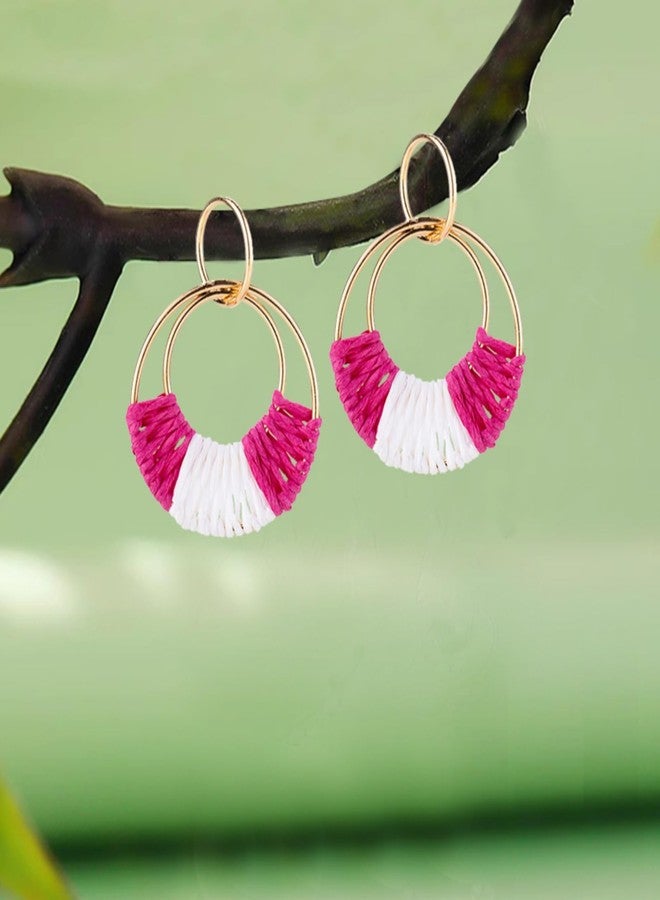 WCRAZYE Handmade Raffia Earrings for Women Girls Lightweight Statement Geometric Round Drop Earrings Handmade Straw Wicker Rattan Dangle Earrings Boho Summer Beach Earrings (Rose Red White) - Image 2