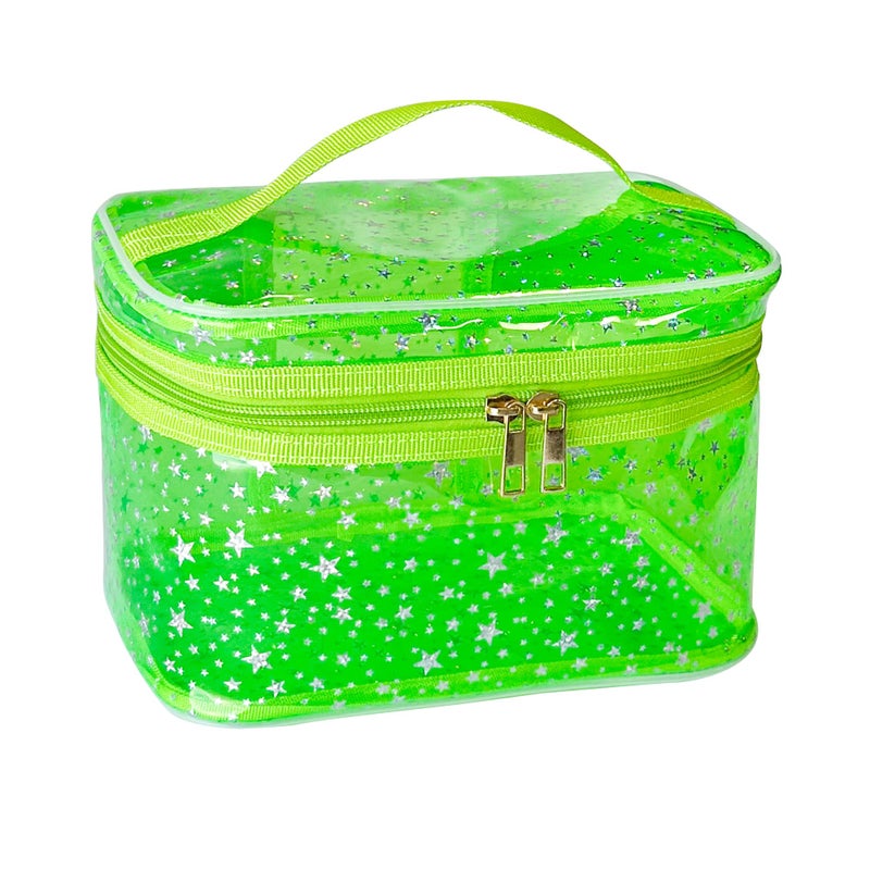 TotePrint Star Print Green PVC Makeup Bag with Handle - 8.66 * 5.51 * 5.51 inch,Clear Storage Bag Toiletry Pocket Portable Zippered Pouch Waterproof Cosmetic Organizer Bags for Women (Green-L) - Image 1