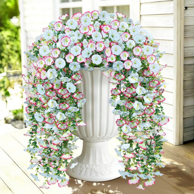 Julako Artificial Hanging Flowers for Outdoors 2 PCS 300 Blooms UV Resistant Morning Glory Faux Silk Vines NoOdor Realistic Fake Plants for Garden Planter Porch Patio Decoration Blue White - Image 2
