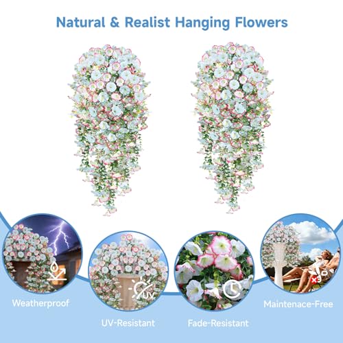 Julako Artificial Hanging Flowers for Outdoors 2 PCS 300 Blooms UV Resistant Morning Glory Faux Silk Vines NoOdor Realistic Fake Plants for Garden Planter Porch Patio Decoration Blue White - Image 3