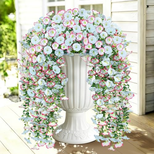Julako Artificial Hanging Flowers for Outdoors 2 PCS 300 Blooms UV Resistant Morning Glory Faux Silk Vines NoOdor Realistic Fake Plants for Garden Planter Porch Patio Decoration Blue White - Image 1