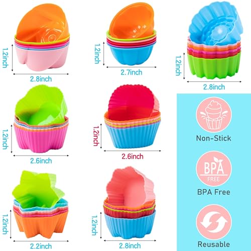 R HORSE 42 Pack Silicone Cupcake Molds - 2 Inch Mini Size Multi Flower-Shaped Baking Cups Non-Stick Donut Wrapper Mold Wrappers Holders Muffin Liners Washable for Pan Oven Microwave Dishwasher - Image 2