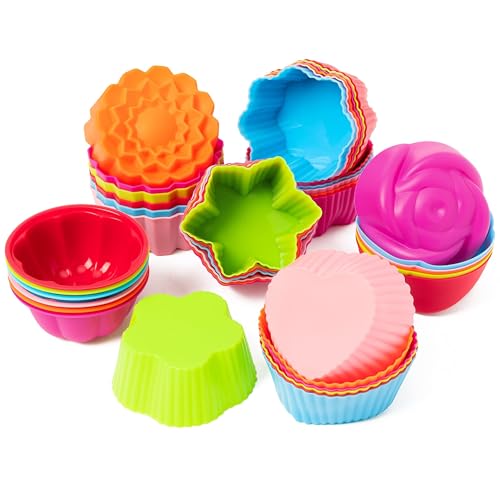 R HORSE 42 Pack Silicone Cupcake Molds - 2 Inch Mini Size Multi Flower-Shaped Baking Cups Non-Stick Donut Wrapper Mold Wrappers Holders Muffin Liners Washable for Pan Oven Microwave Dishwasher - Image 1