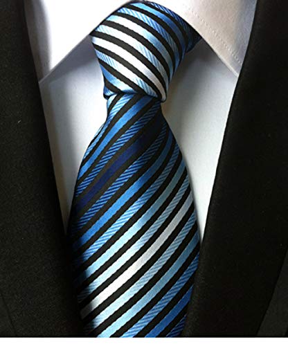 Elfeves Men's Stripe Blue Black White Silk Tie Formal Soft Necktie Best Fathers day Gift - Image 2