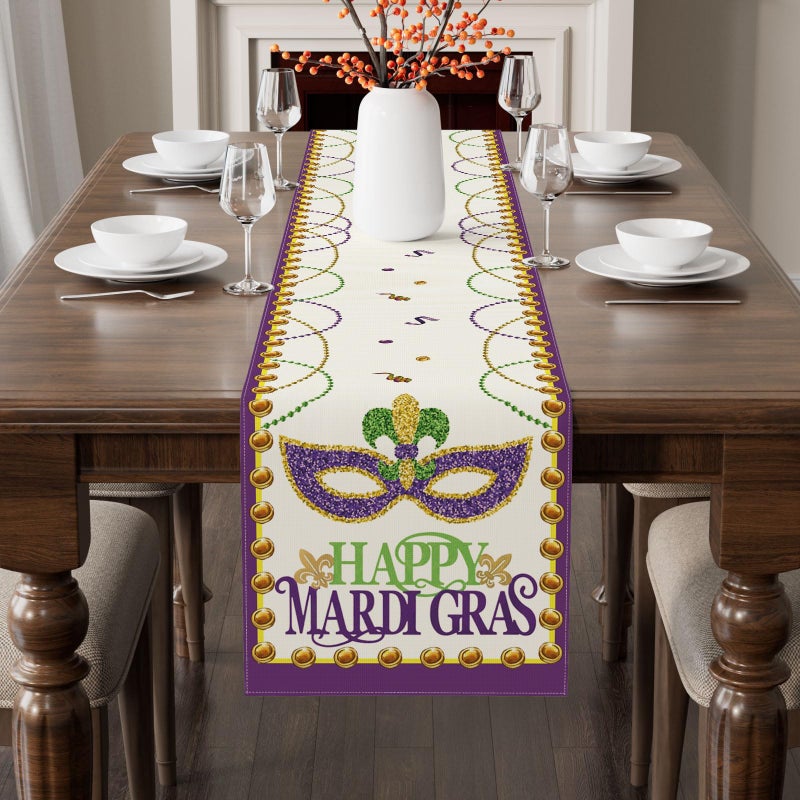 XCHI Happy Mardi Gras Fleur De Lis Iris Masquerade Mask Beads Table Decoration for Party Home Kitchen Dining Holiday Decor 13x72 Inch - Image 2