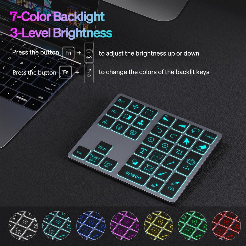 Doohoeek Bluetooth Shortcut Keyboard for Adobe Photoshop for PC Computer, Desktop, iPad & MacBook, PS Shortcut Hotkeys Keypad Rechargeable with 7-Color Backlit Key for MacOS, iOS & Windows - Image 2