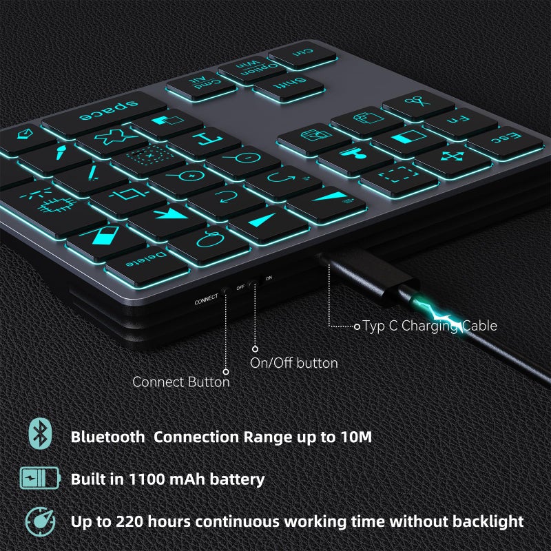 Doohoeek Bluetooth Shortcut Keyboard for Adobe Photoshop for PC Computer, Desktop, iPad & MacBook, PS Shortcut Hotkeys Keypad Rechargeable with 7-Color Backlit Key for MacOS, iOS & Windows - Image 4