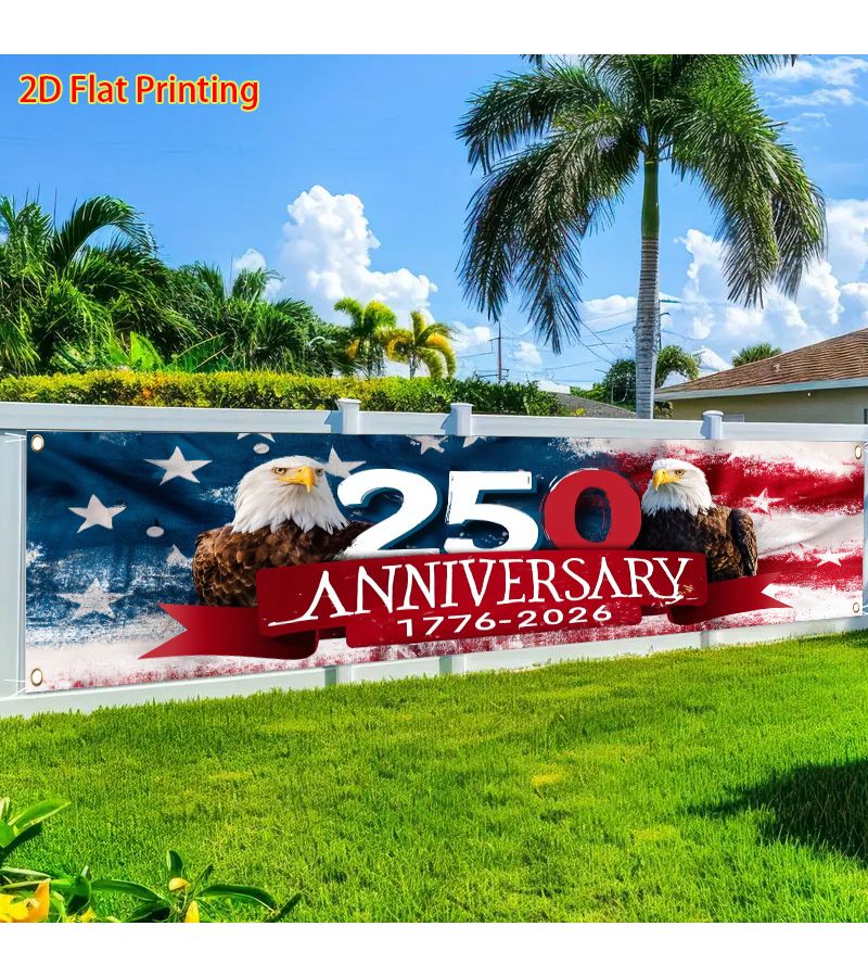 ذكرى مرور 250 عامًا على تأسيس الولايات المتحدة - راية سياج من البوليستر عليها نسر أمريكي وعلم أمريكي مقاس 39.4 × 118 بوصة - Image 1