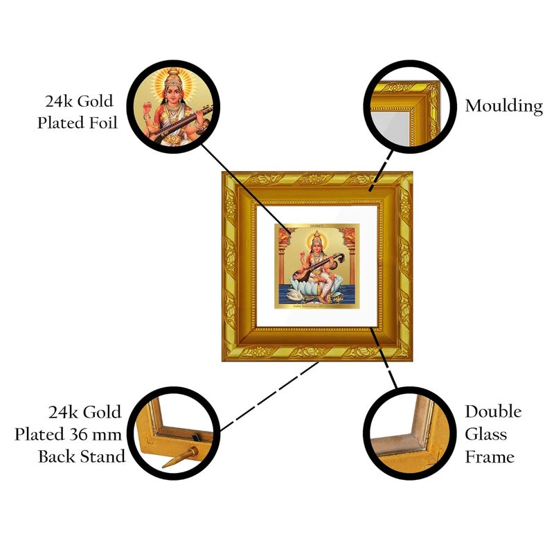 DIVINITI Goddess Saraswati Mata Gold Plated Photo Frame For Home Decor Table DecorDG 101 S1A with 24K Gold Plated FoilReligious Photo Frame Idol For Pooja Prayer Gift 10 CM X 10 CM - Image 3