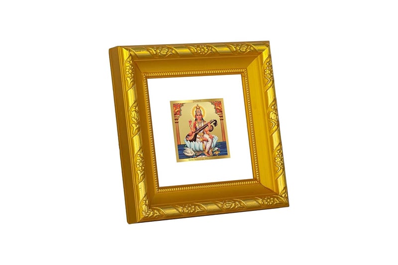 DIVINITI Goddess Saraswati Mata Gold Plated Photo Frame For Home Decor Table DecorDG 101 S1A with 24K Gold Plated FoilReligious Photo Frame Idol For Pooja Prayer Gift 10 CM X 10 CM - Image 5