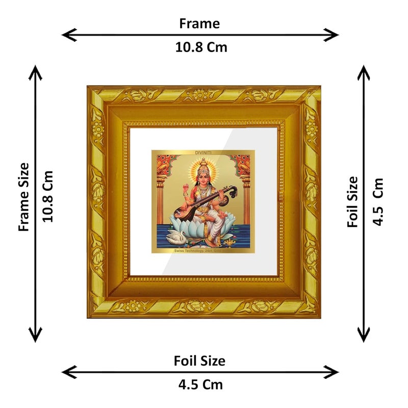 DIVINITI Goddess Saraswati Mata Gold Plated Photo Frame For Home Decor Table DecorDG 101 S1A with 24K Gold Plated FoilReligious Photo Frame Idol For Pooja Prayer Gift 10 CM X 10 CM - Image 4