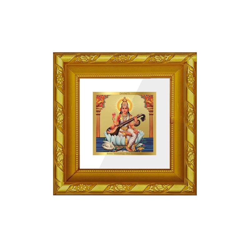 DIVINITI Goddess Saraswati Mata Gold Plated Photo Frame For Home Decor Table DecorDG 101 S1A with 24K Gold Plated FoilReligious Photo Frame Idol For Pooja Prayer Gift 10 CM X 10 CM - Image 2