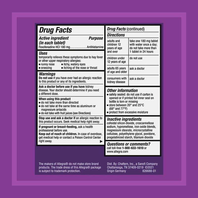 Allegra 24HR Adult Non-Drowsy Antihistamine Tablets, 100-Count, 24-Hour Allergy Relief, 180 mg - Image 2